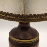 French Mid-Century Round Turned Wood Table Lamp with Hide Skin Shade