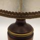 French Mid-Century Round Turned Wood Table Lamp with Hide Skin Shade