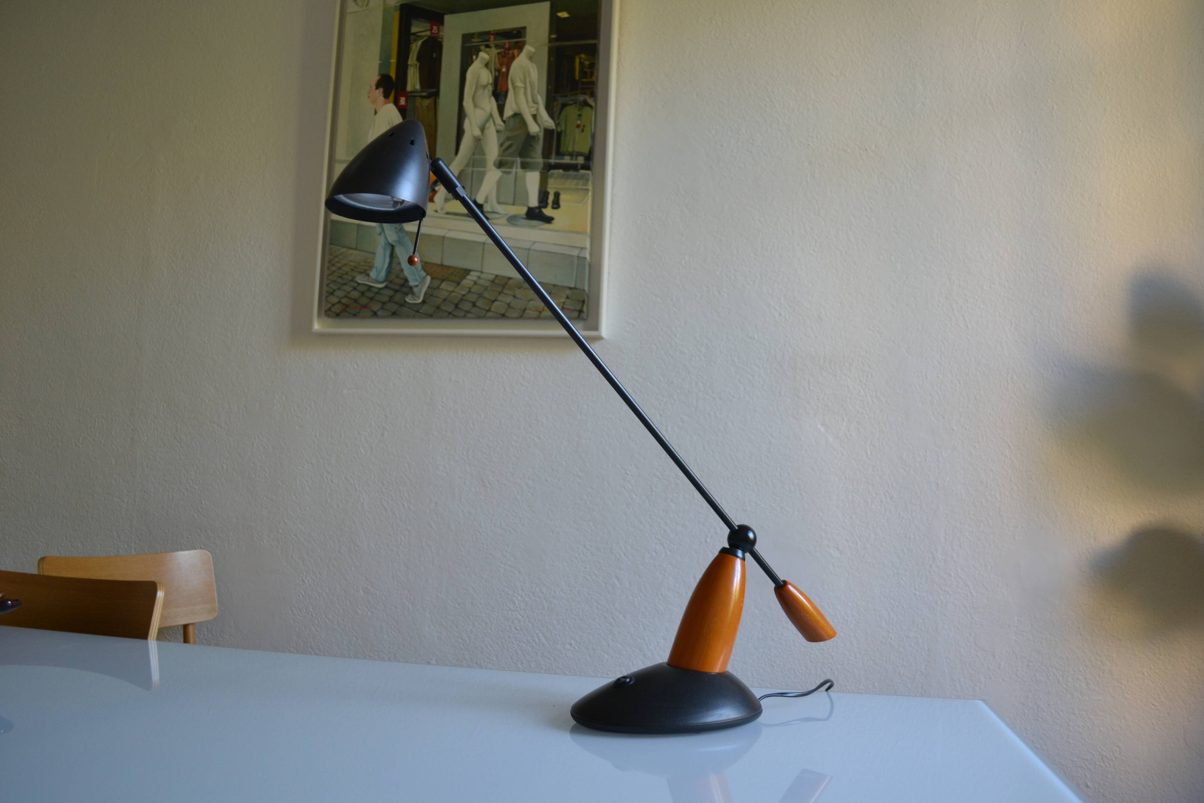 Vintage postmodernist metal and wood table lamp from the 1980s