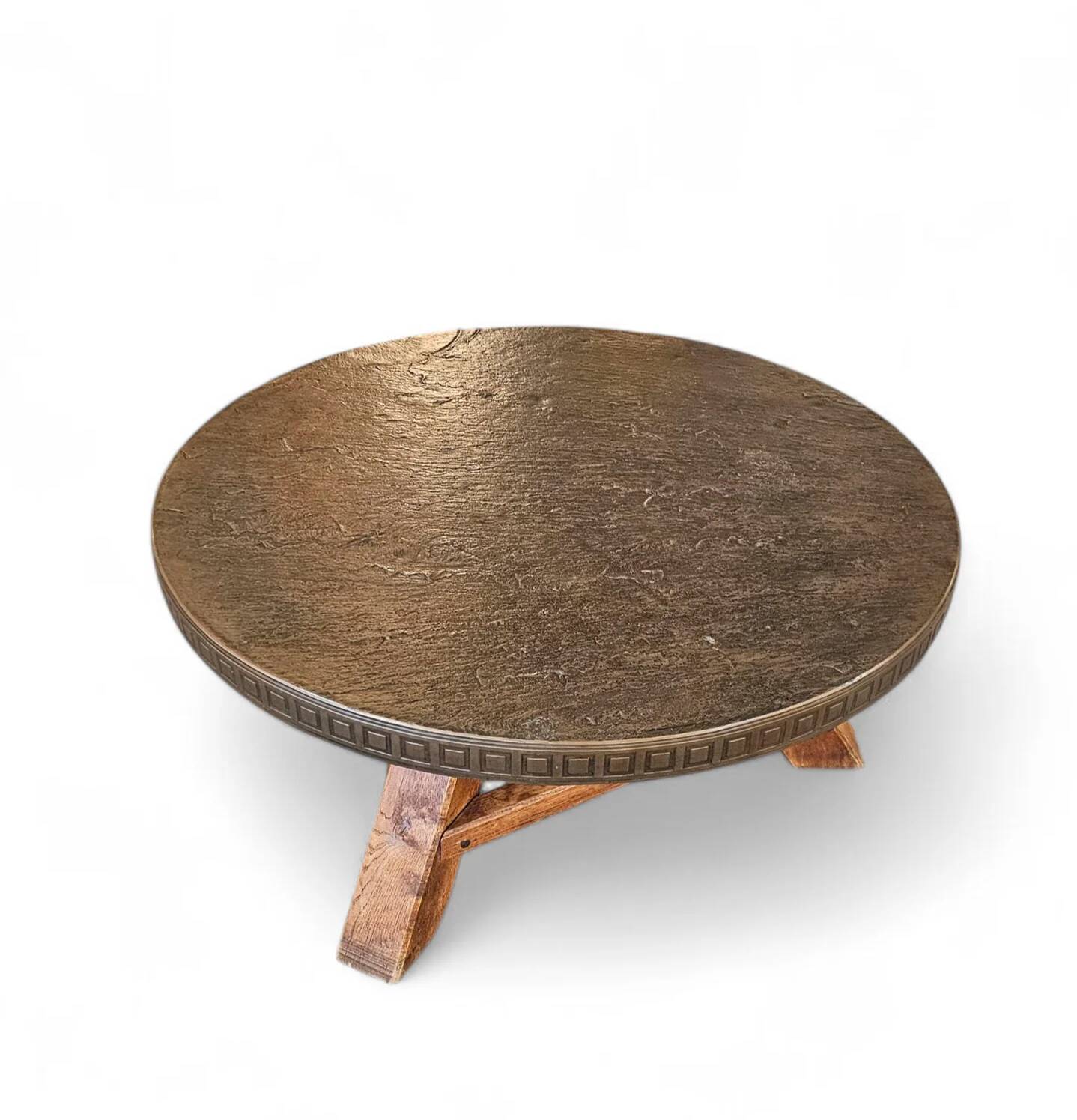 Round brutalis coffee table with brass / copper top / 1960s