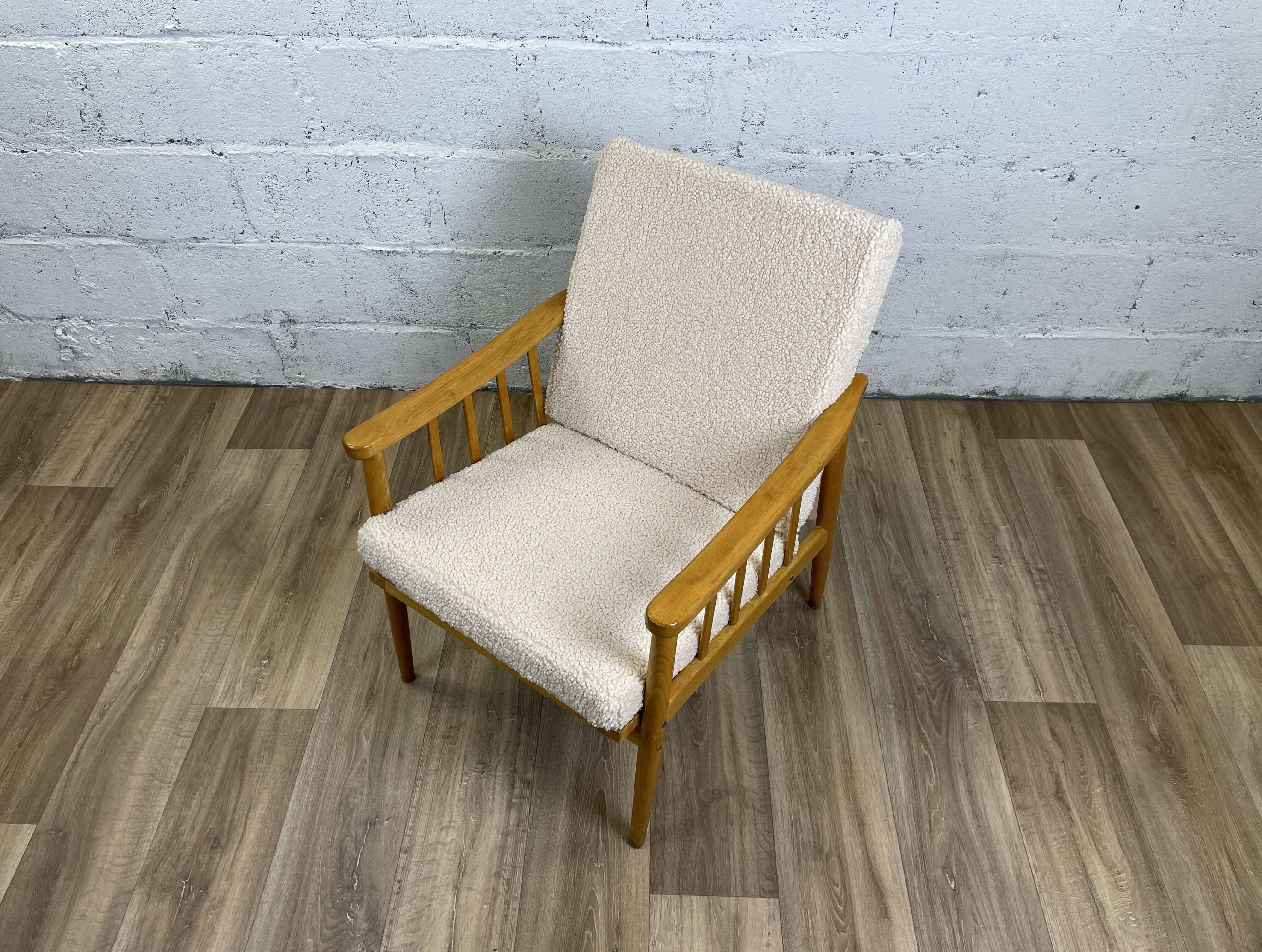 Reupholstered Scandinavian oak armchair, Eastern European origin, 70s-80s