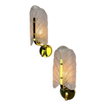 Pair of Murano frosted leaf sconces, textured glass & gilt details, circa 1970s