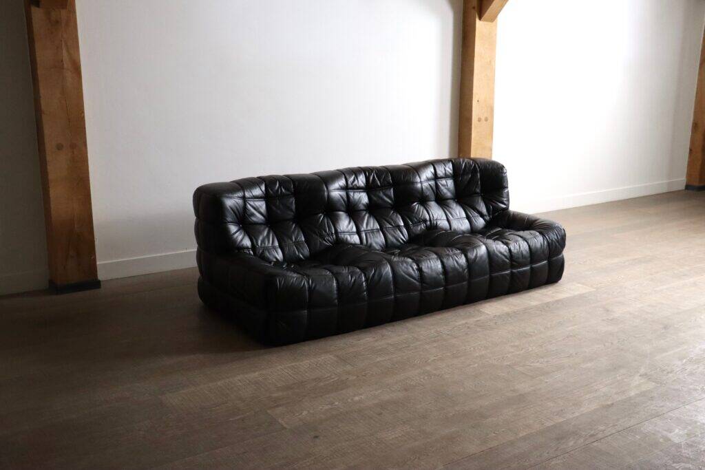 Kashima three seater sofa in black leather by Michel Ducaroy for Ligne Roset, 1970s