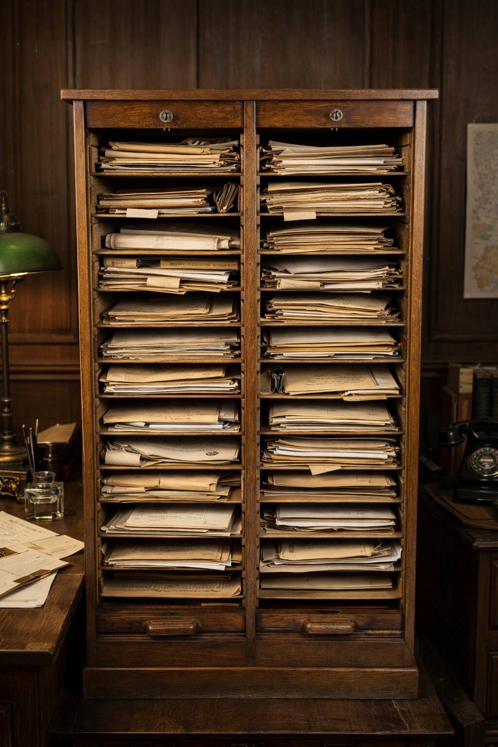 Antique double curtain cabinet in oak (internal drawers)