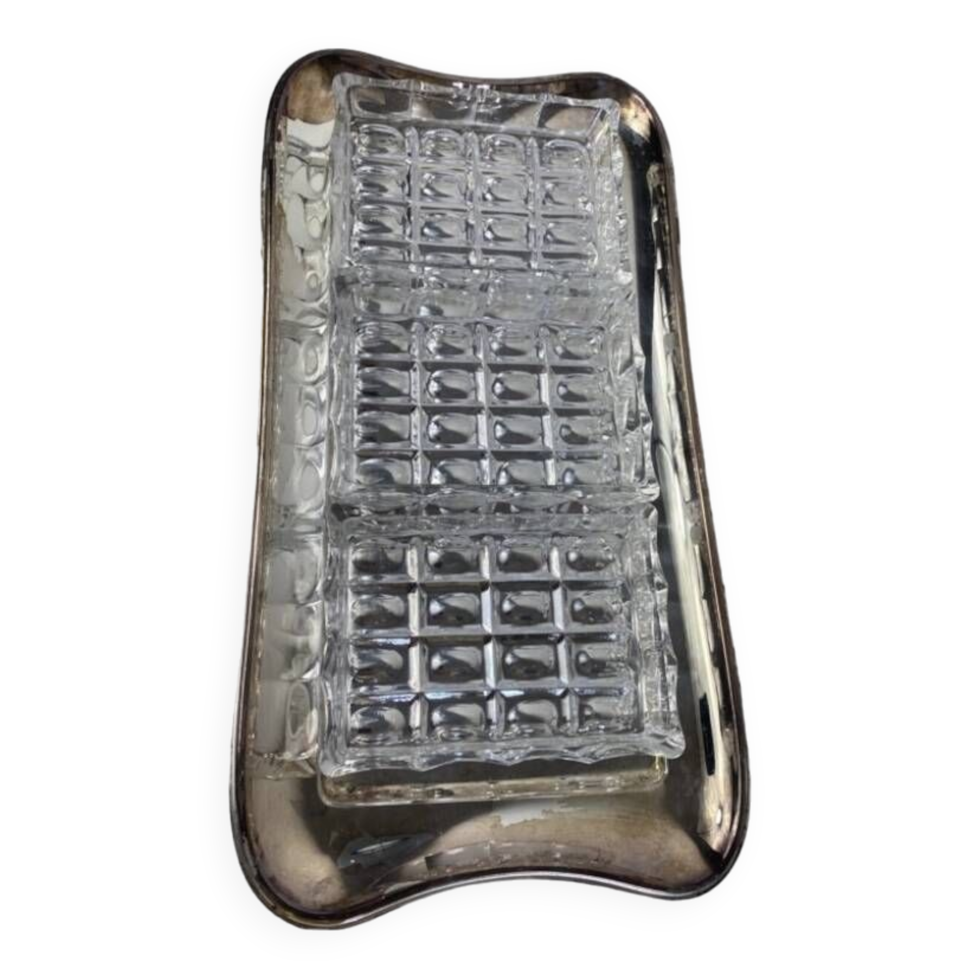 Silver-plated metal and glass hors d'oeuvre tray