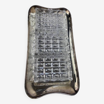 Hors d'oeuvre tray in silver metal and glass