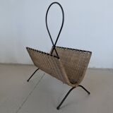Iron and rattan magazine rack from the 60s