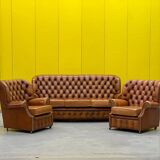 Vintage Chesterfield Brown Leather High Back sofa and Armchairs, Set of 3