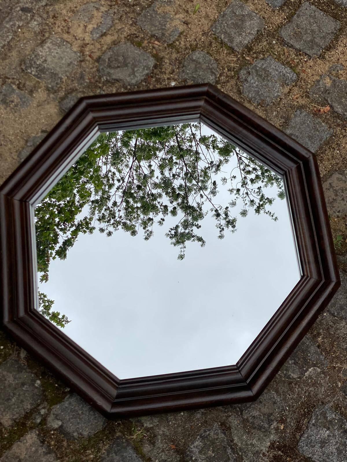 Vintage octagonal mirror in solid wood from the 70s, 63x63cm.