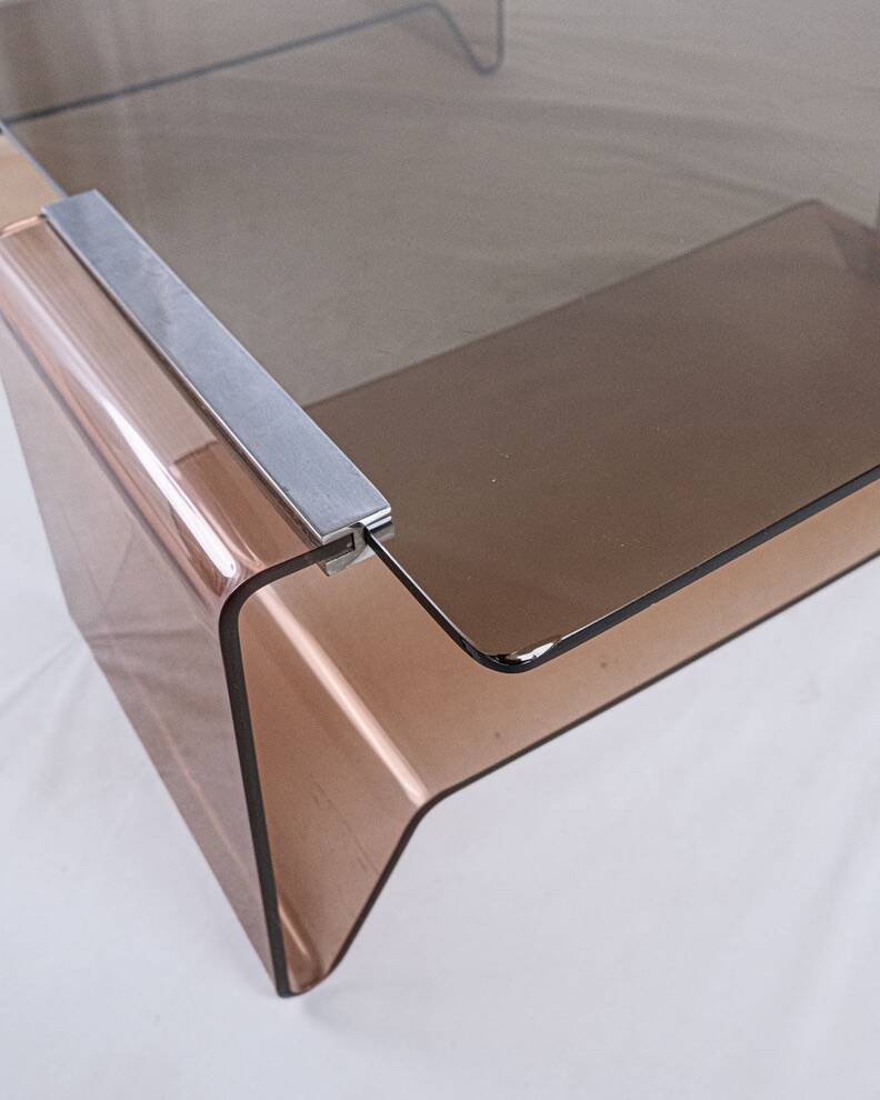 Table basse en plexi fumé et verre, Michel Dumas, France, 1970