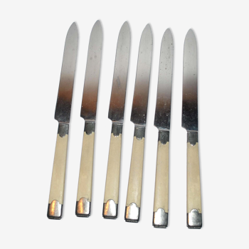 Série de 6 couteaux de table rétro en acier et laque craquelé ivoire 1940