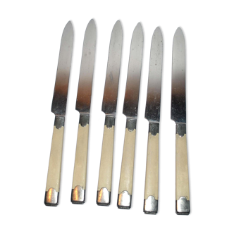 Series of 6 retro table knives in steel and ivory cracked lacquer 1940