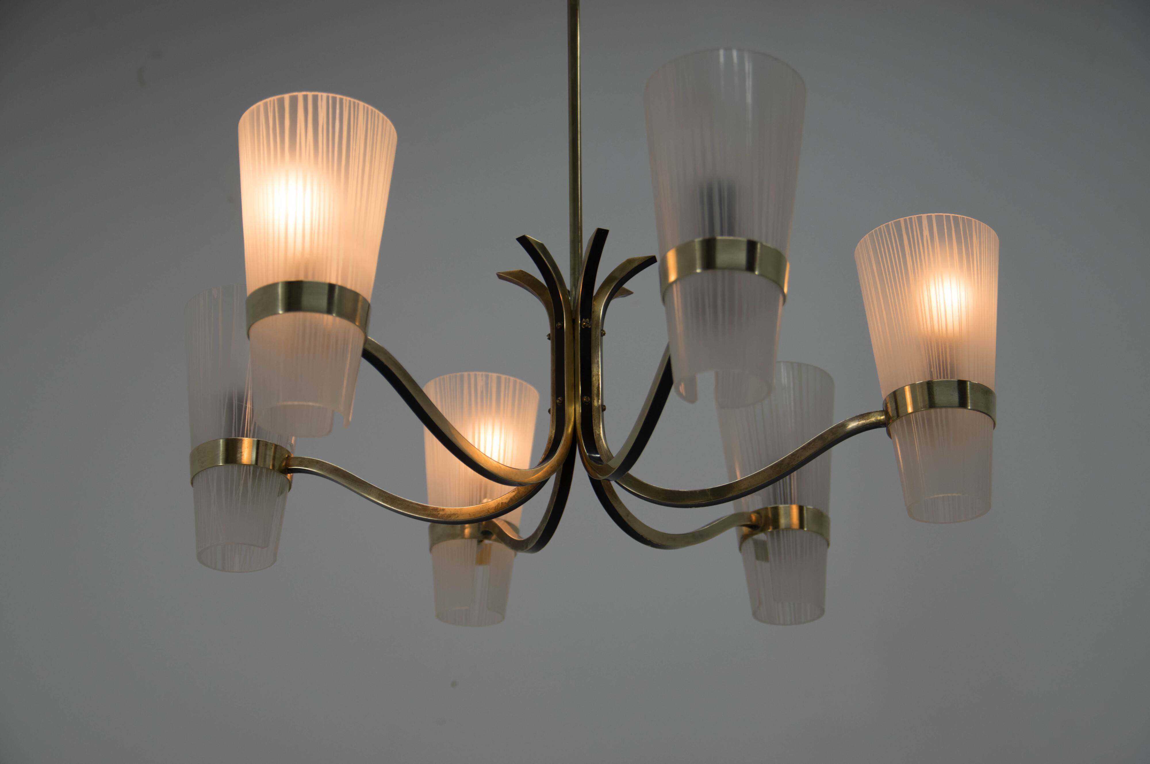 Brass and Glass Chandelier in Lyfa Style, Denmark, 1970s