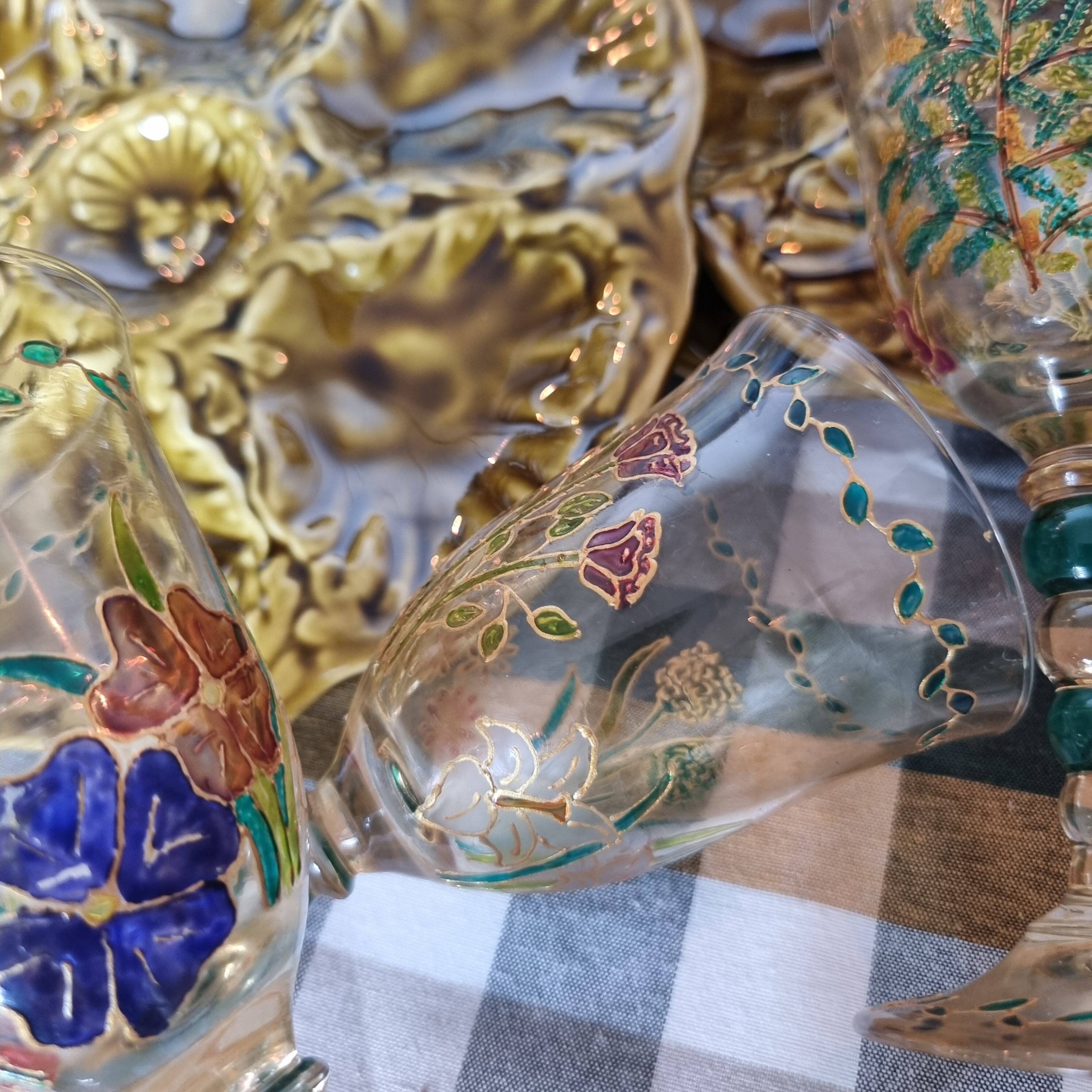 Set of 4 antique hand painted glass water or wine glasses with details inspired by the style