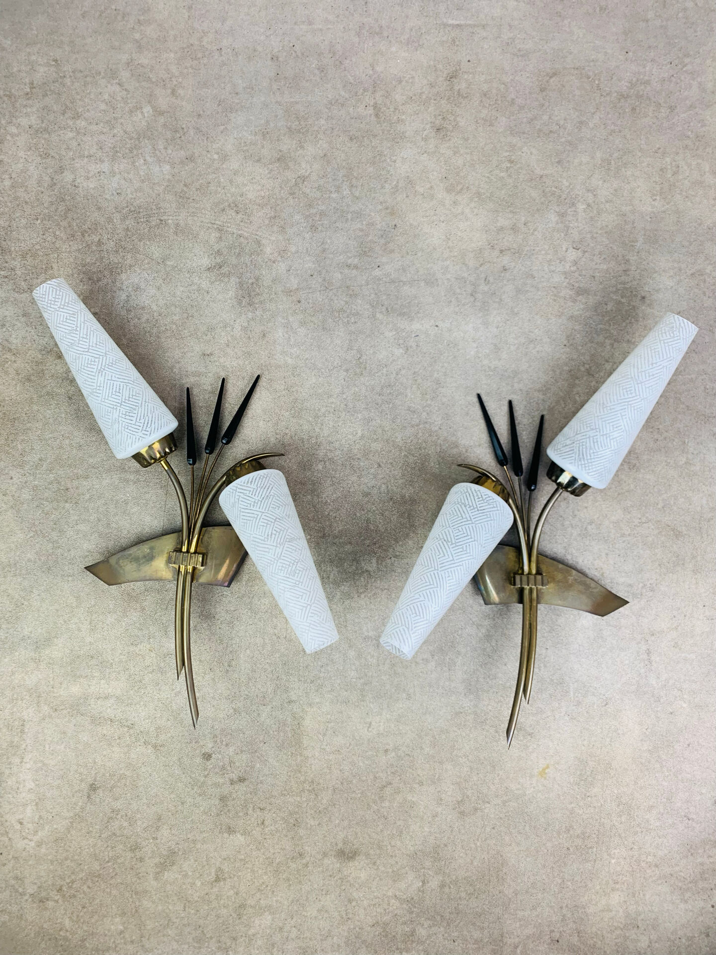 Pair of 1950s wall lights in brass and opaline tulips, Lunel/Arlus
