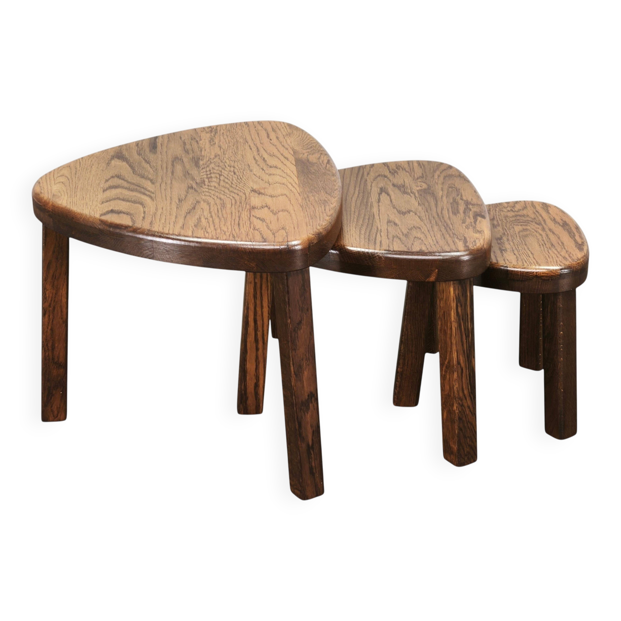 1960s Czechoslovak Mid-Century Solid Oak Nesting Tables, Set of Three