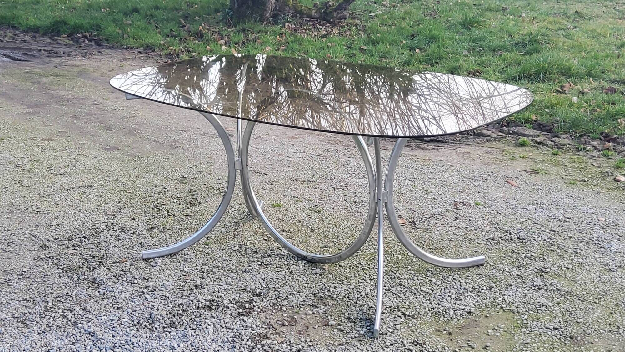 Designer table from the 70s, smoked glass top, chrome base