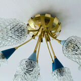 plafonnier lampe vintage, annees 50, verre laiton, bleu beige or