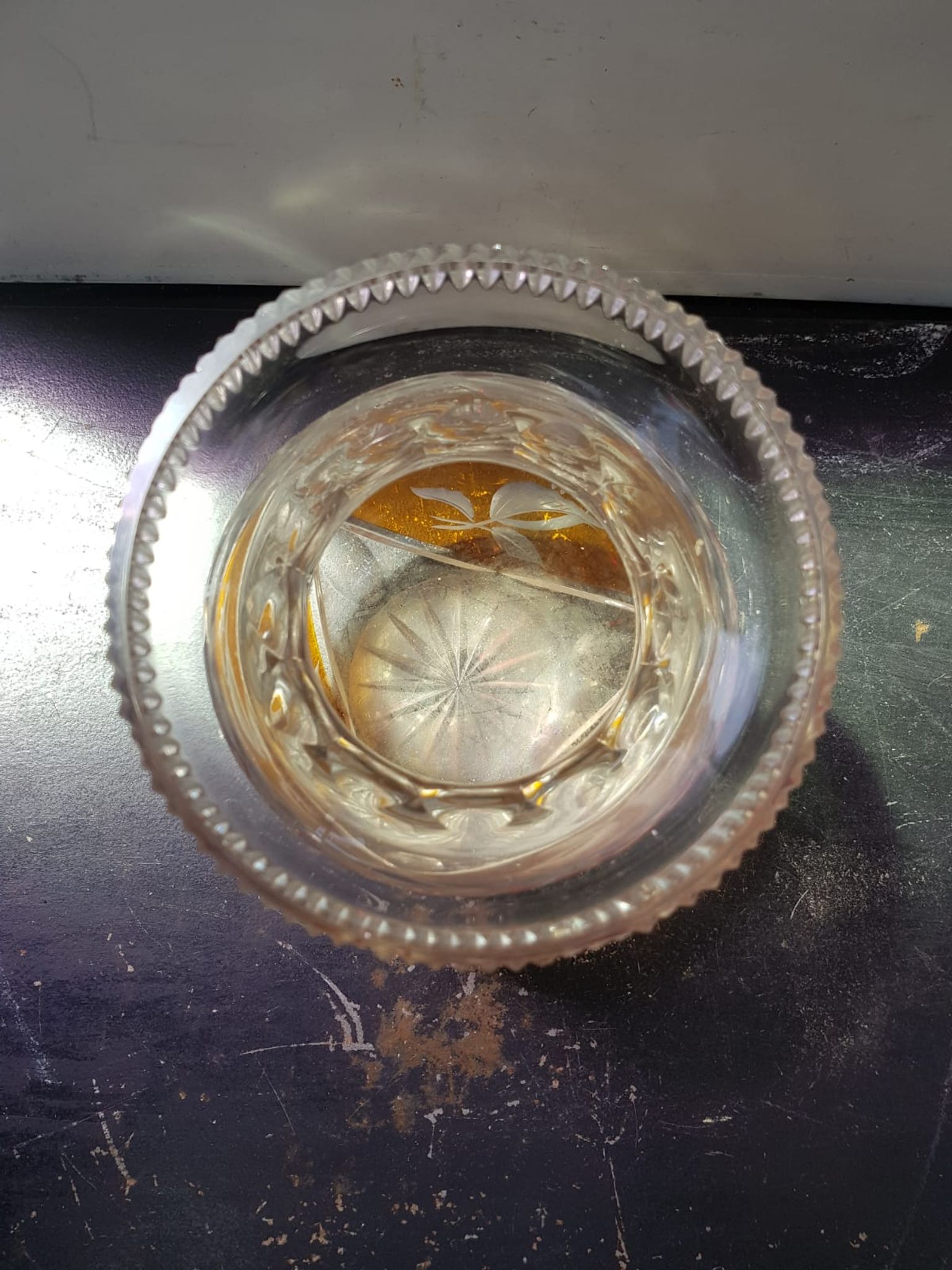 Ancien Vase Cristal Taillé Transparent & Orange Décor Fleurs Vintage
