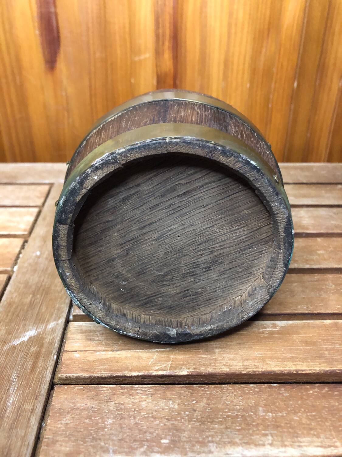 Old Wooden Pitcher + Vintage Brass Strapping