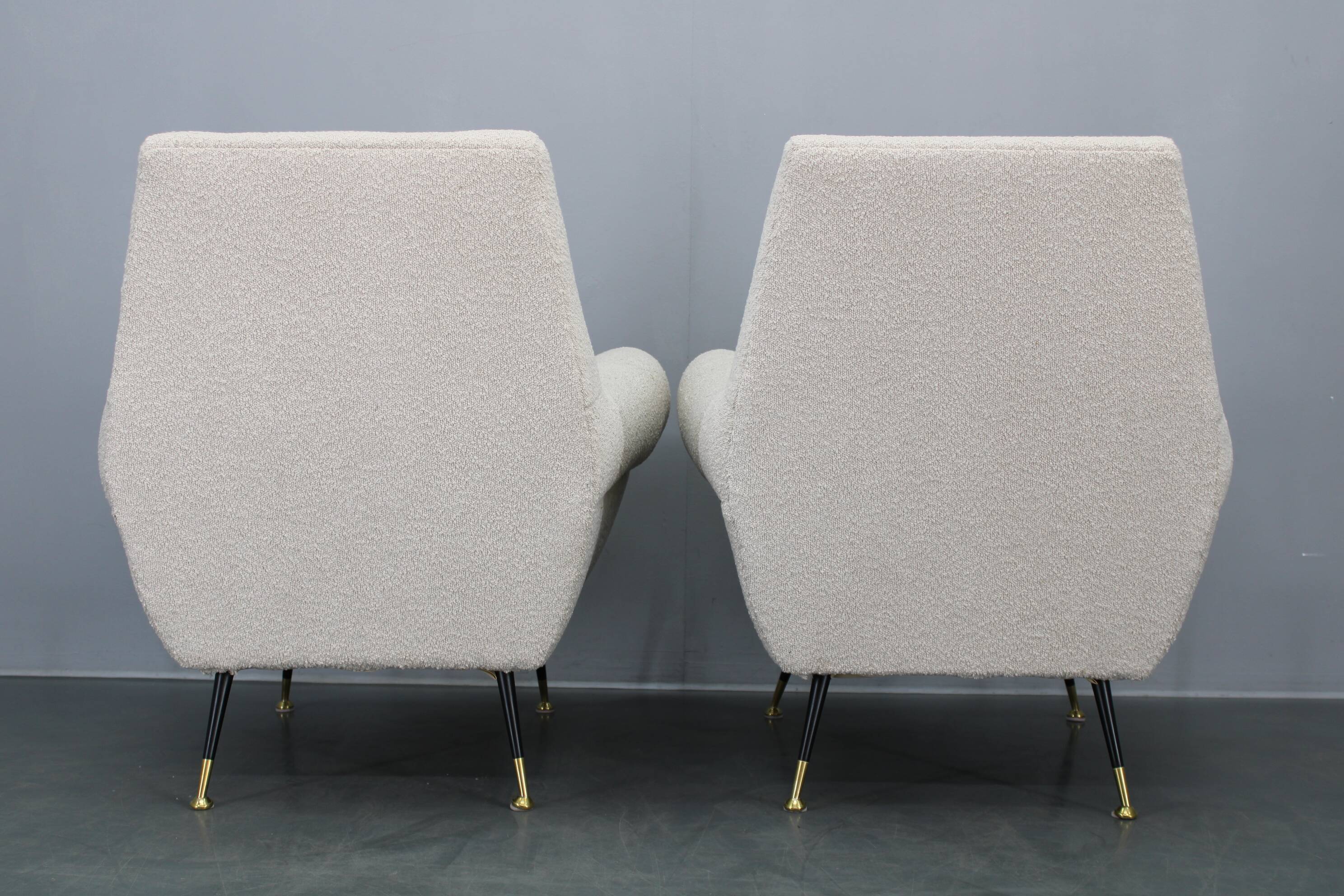 Pair of Italian mid-century boucle armchairs, iron & brass legs, 1950s