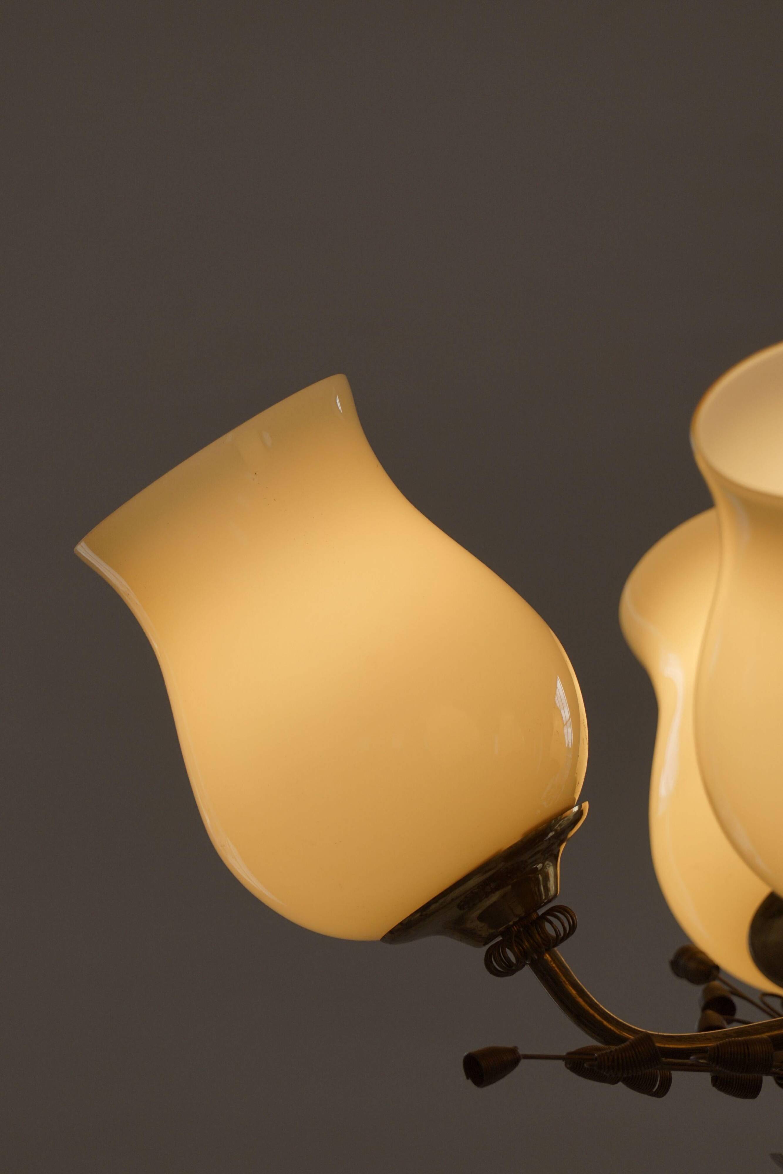 Brass and glass chandelier, Lisa Johansson-Pape for Stockmann, Finland, 1940s.