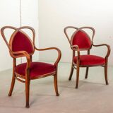 Red Velvet Heartshaped Wooden Vintage Design Side Chairs. Set of 2. 1950s