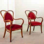 Red Velvet Heartshaped Wooden Vintage Design Side Chairs. Set of 2. 1950s