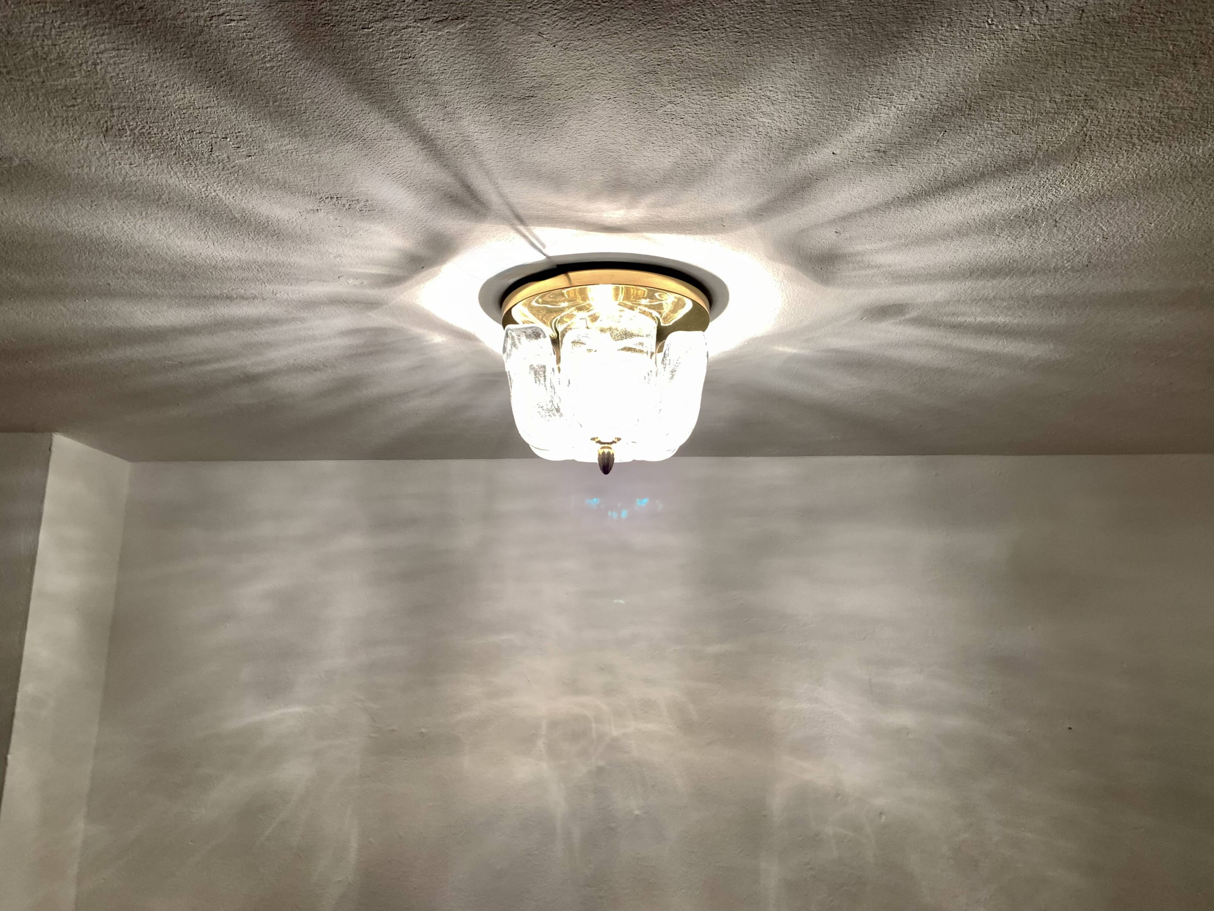 1 of 2 Large Brass and Floral Ice Glass Flush Light by Glashütte Limburg