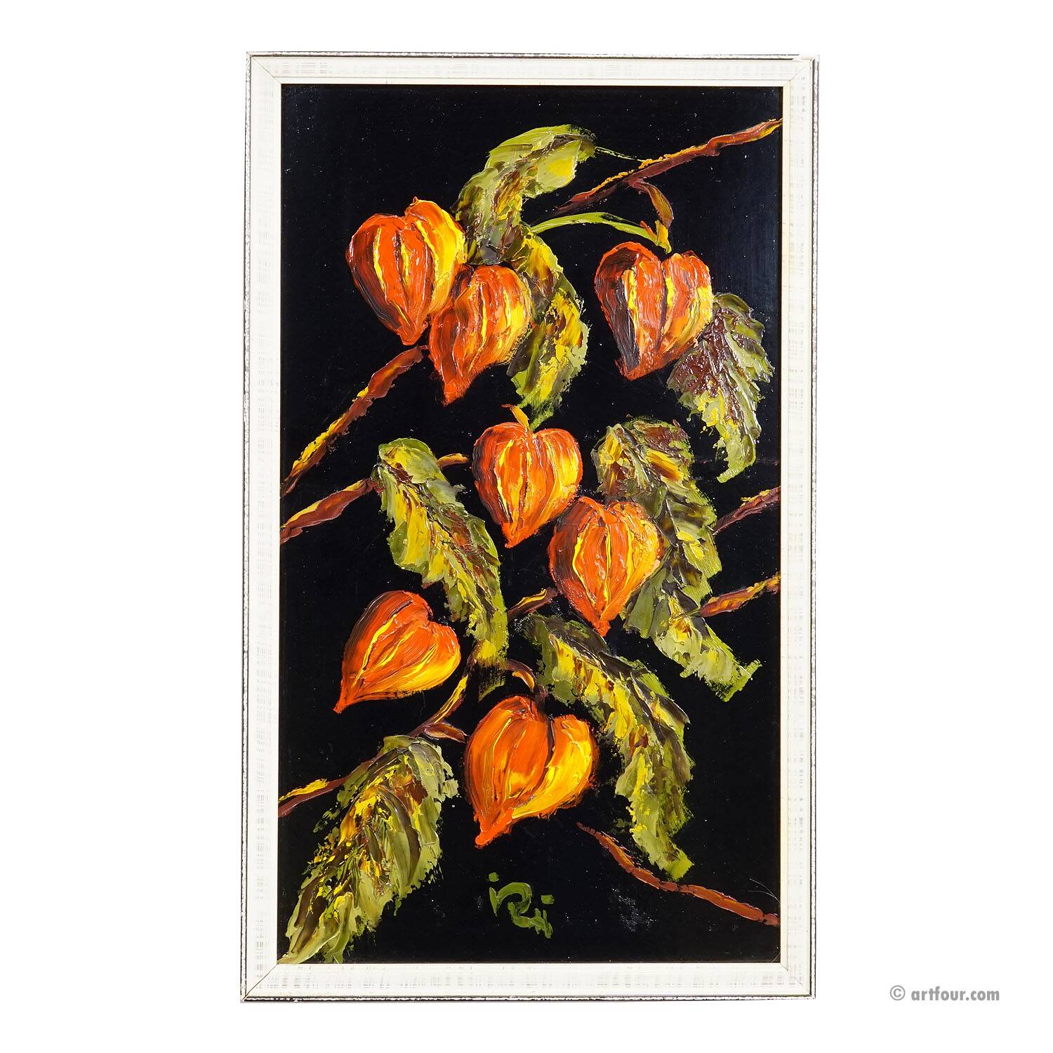 Set of five vintage flower still life paintings.