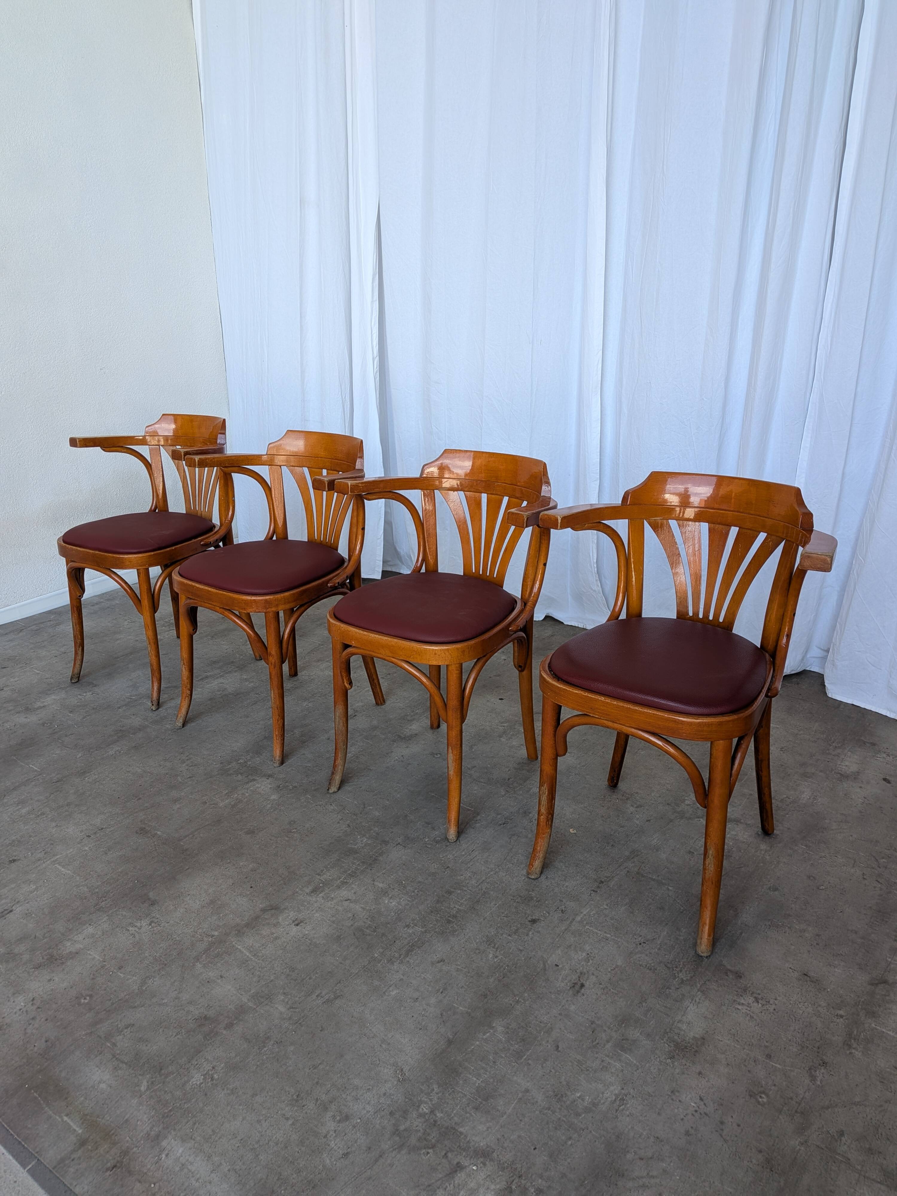 Set of 4 Bentwood Dining Chairs / Vintage Thonet Style, Red Faux Leather