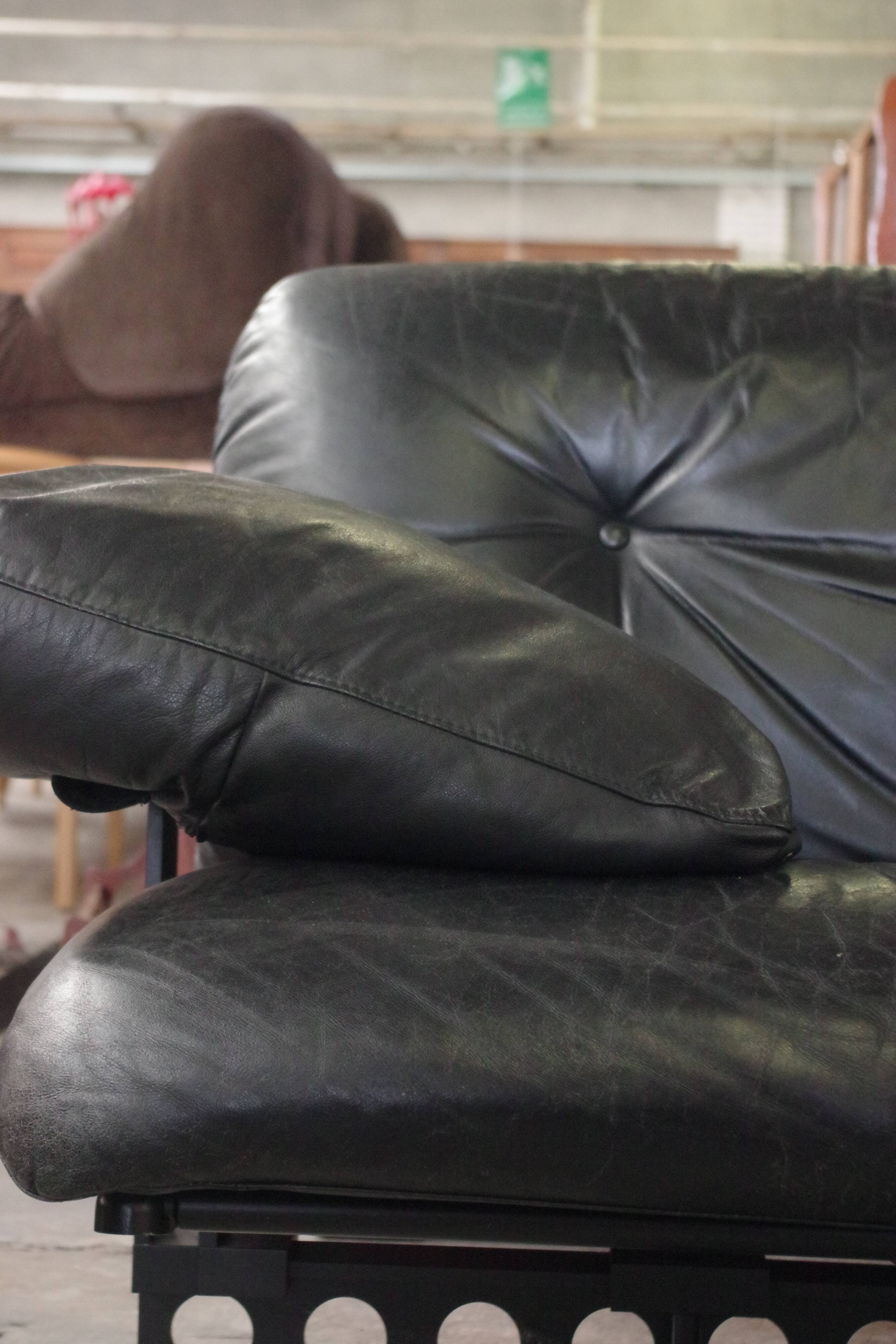 Corner sofa opening in leather and coffee table in marble by pierluigi cerri for frau, 1980s
