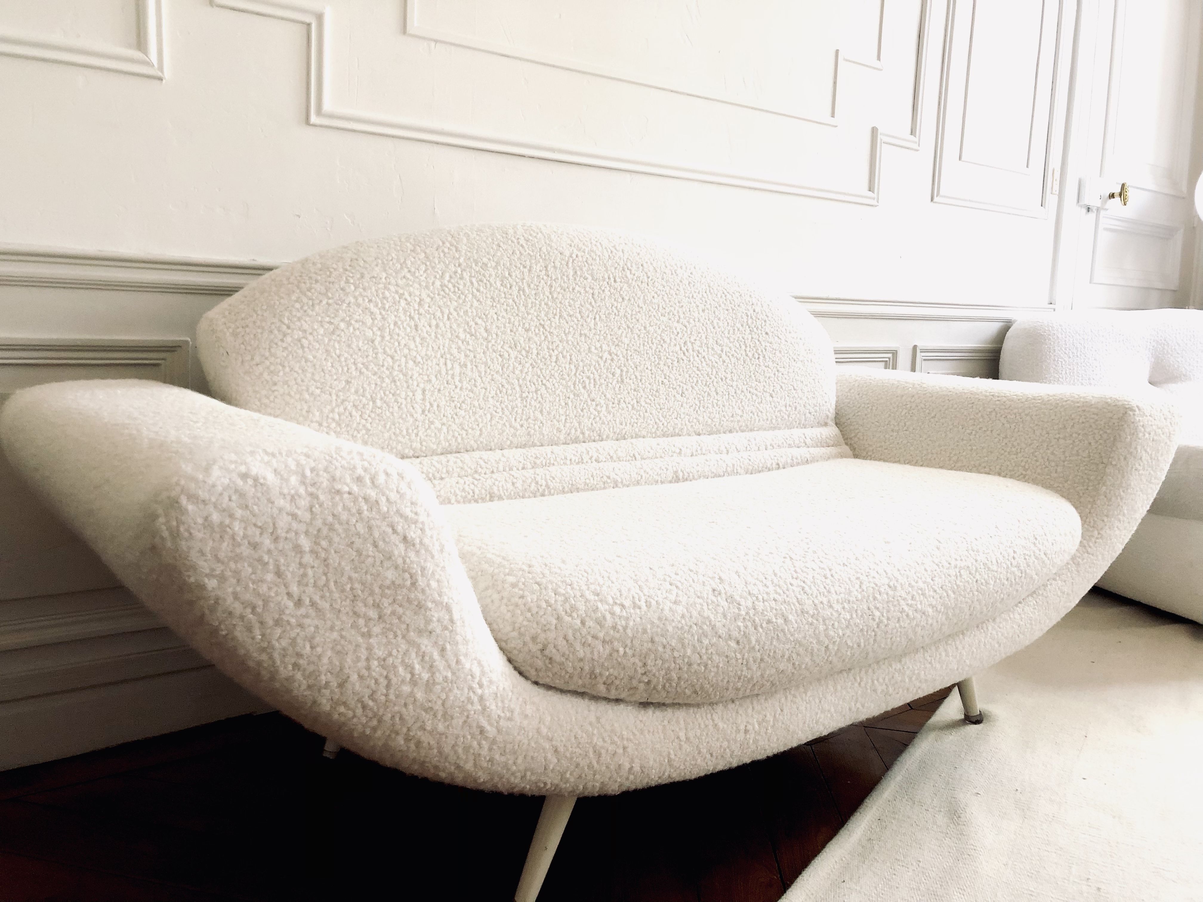 Vintage sofa bench 2 places in curly wool