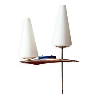 50s wall light, opaline, teak and brass