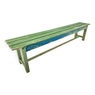 Banc industriel vintage en bois, peinture originale, années 1950