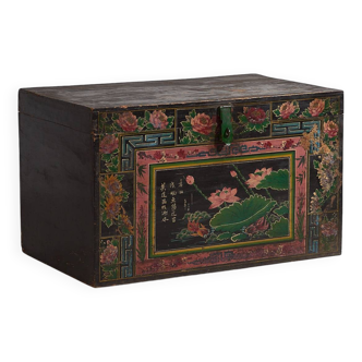 Ancienne malle orientale avec peintures de fleurs de lotus (c.1900) #11