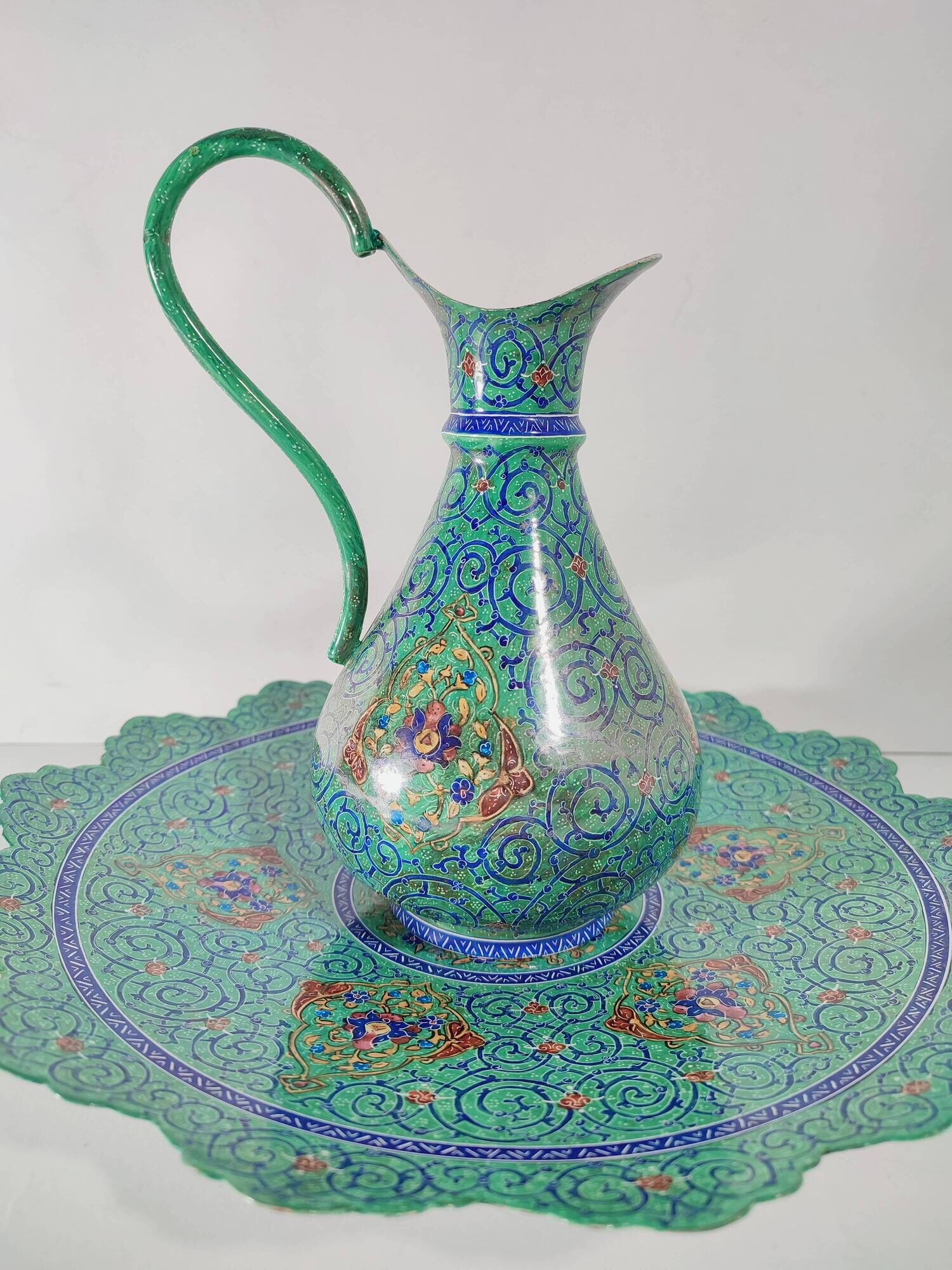 Minakari Signed Enameled Sheet Metal Ewer and Dish / 20th Century Middle East / Jug