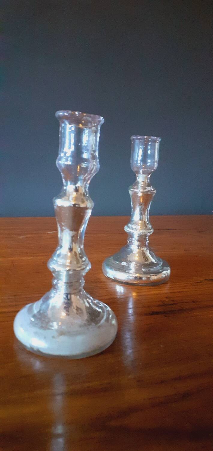 Pair Of Old Candlesticks In Eglomized/Mercurized Glass