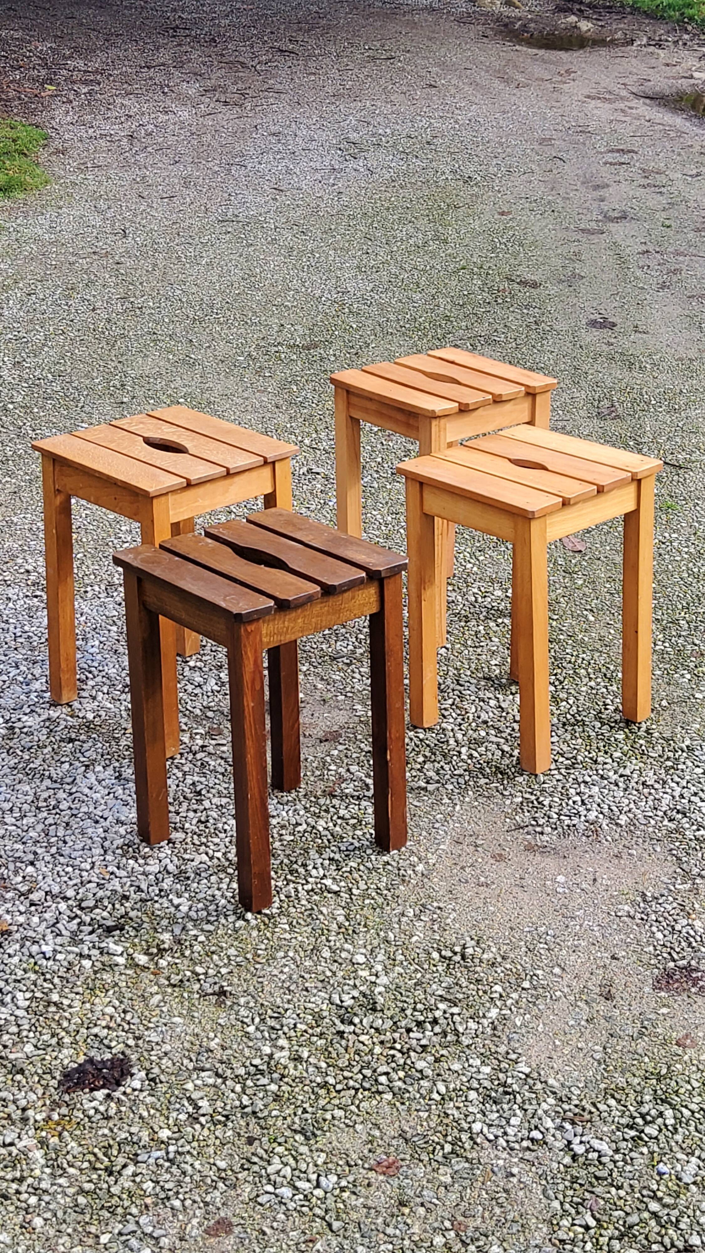 Set of 4 vintage stools in solid beech with slats