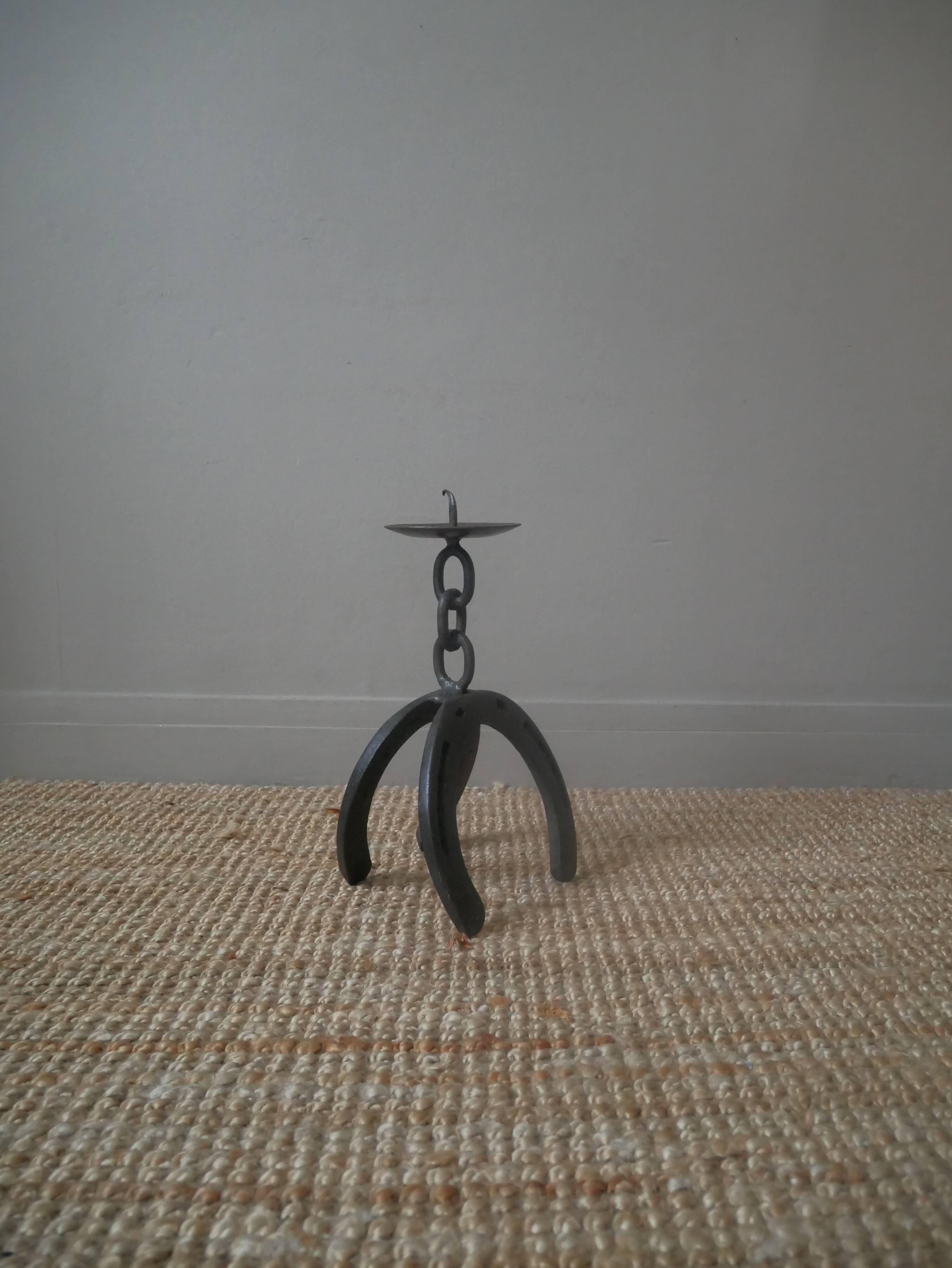 Iron candle holder folk art artisanal horseshoe brutalist decoration candlestick candelabra