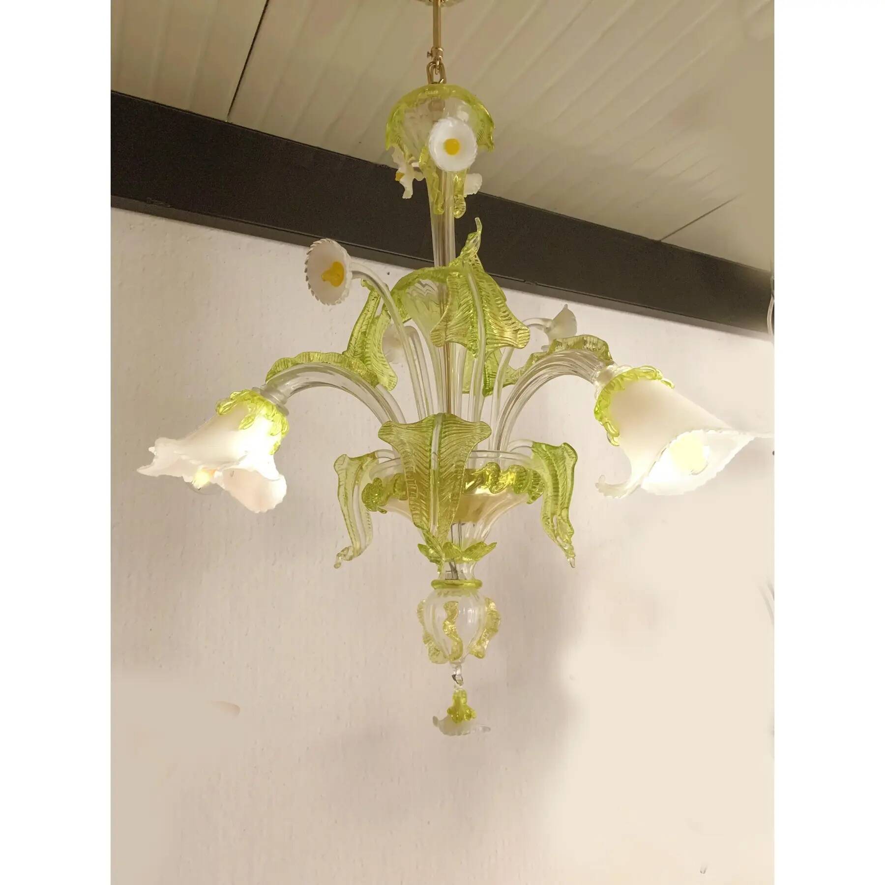 Floral and Green Leaf Milky “Calle” Glass Chandelier