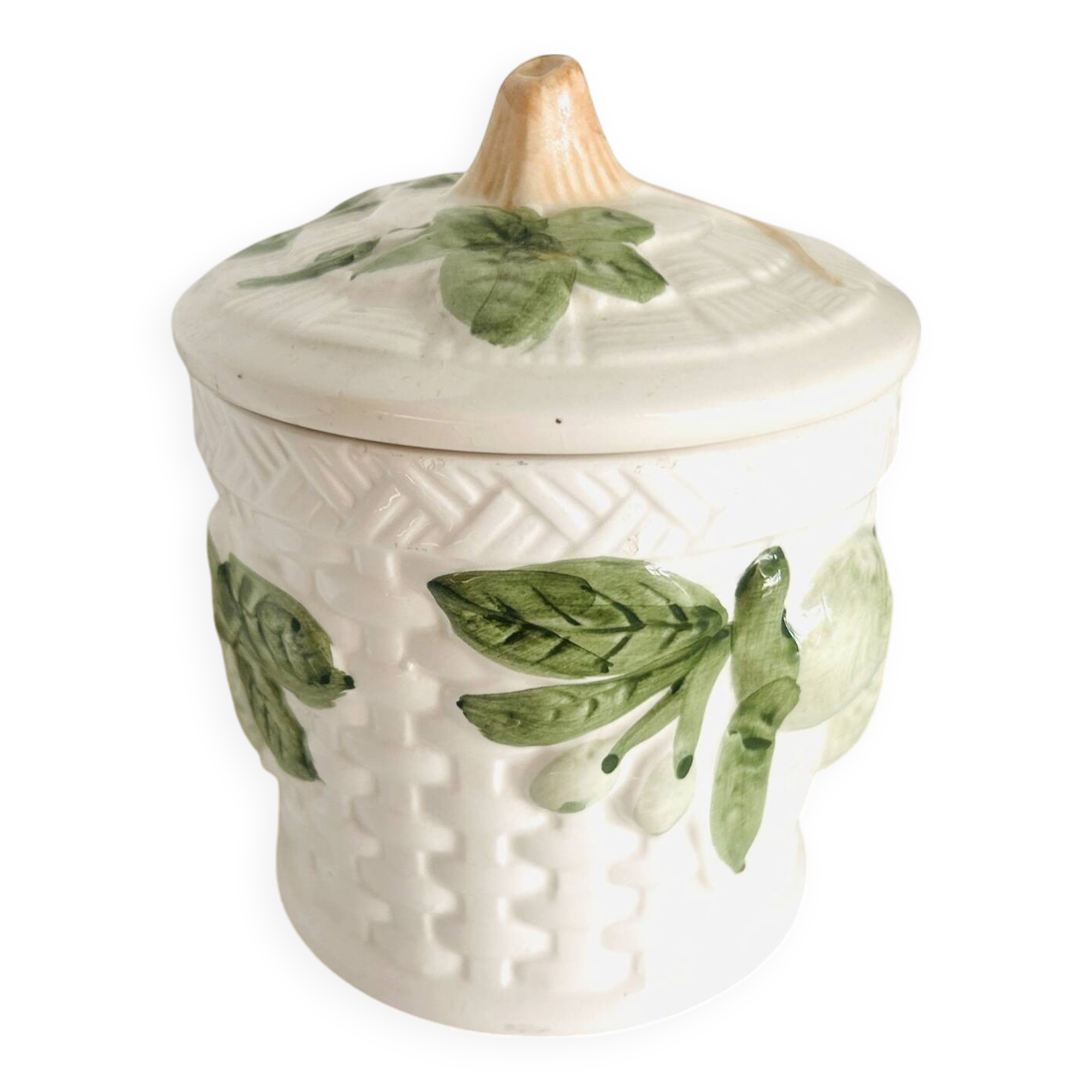 Sugar bowl in barbotine with leaf and green fruit motifs in relief