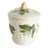 Sugar bowl in barbotine with leaf and green fruit motifs in relief