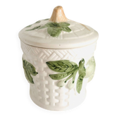Sugar bowl in barbotine with leaf and green fruit motifs in relief