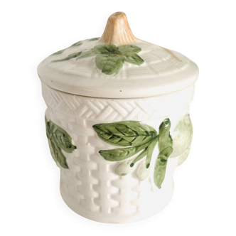 Sugar bowl in barbotine with leaf and green fruit motifs in relief