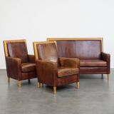 Ensemble complet de canapés et 2 fauteuils Art Déco en cuir de mouton