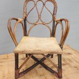 Fauteuil enfant 1890 châtaigner, rotin et velours damassé