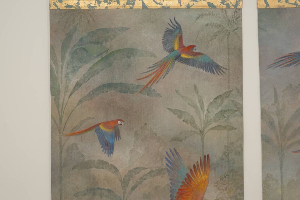Painted canvas featuring parrots in a tropical forest. Contemporary.