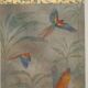 Painted canvas featuring parrots in a tropical forest. Contemporary.