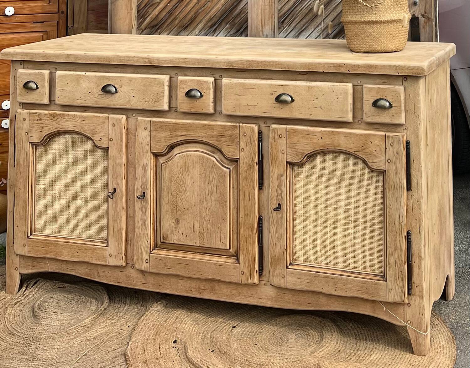 Antique enfilade / solid raw oak sideboard with caning